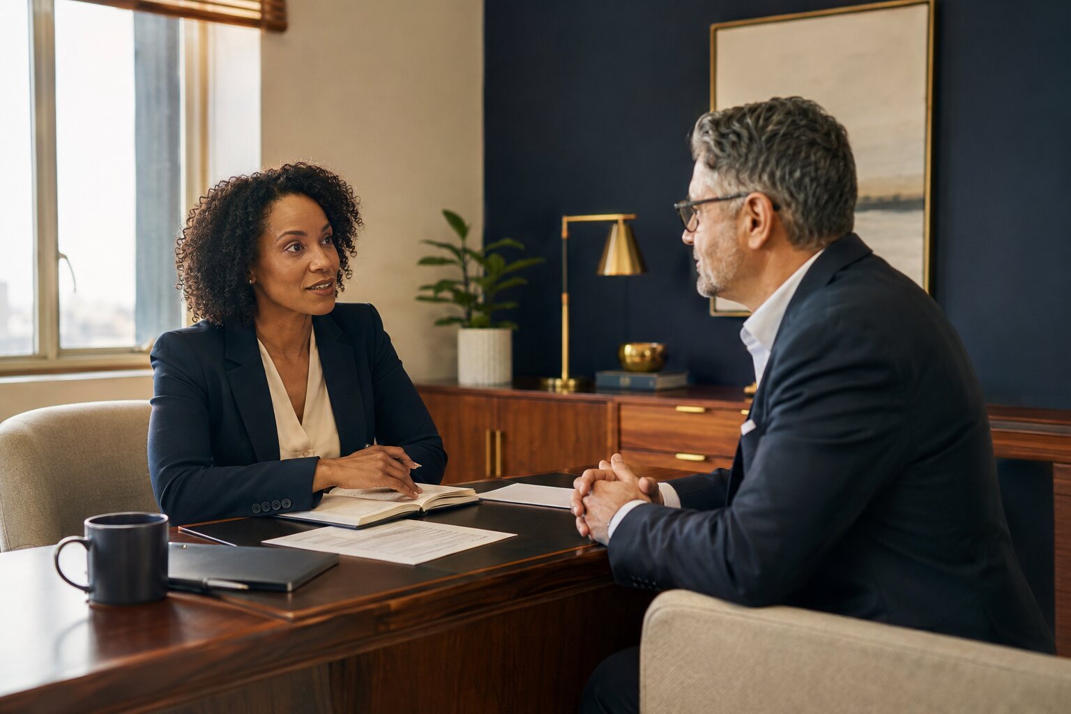 Two professionals having a focused client meeting